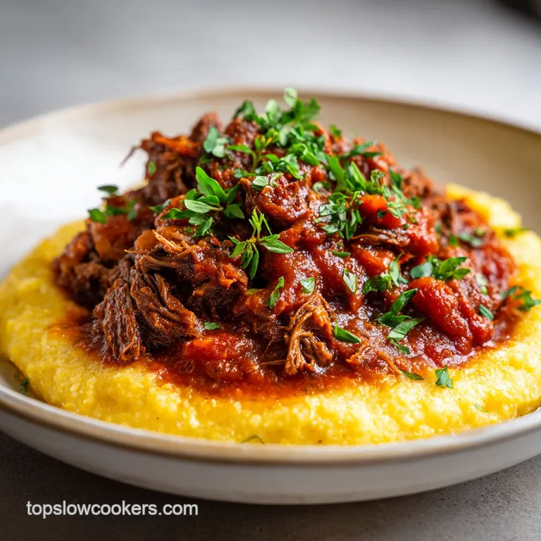 Creamy polenta topped with a hearty spoonful of slow-cooked beef ragu, showcasing tender meat and vibrant herbs in a styli...