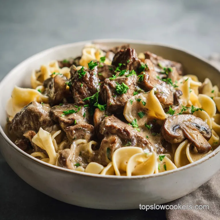 Elegant swirl of creamy stroganoff over egg noodles, garnished with fresh dill. A comforting and delicious meal.
