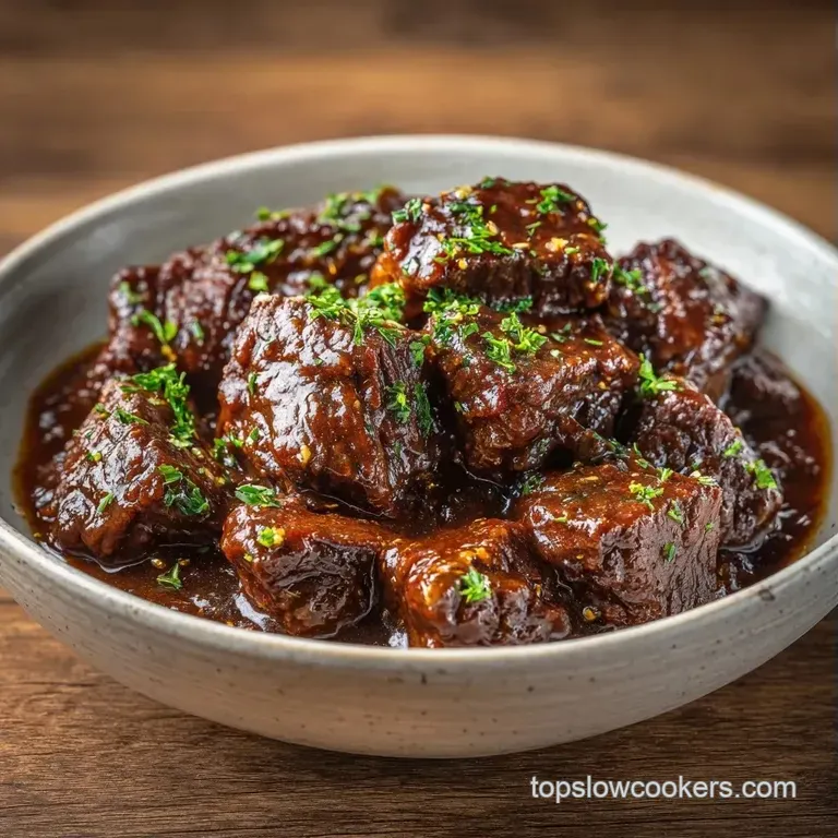 Succulent beef chunks in a glossy brown sauce plated elegantly with steamed carrots and a sprinkle of fresh parsley.