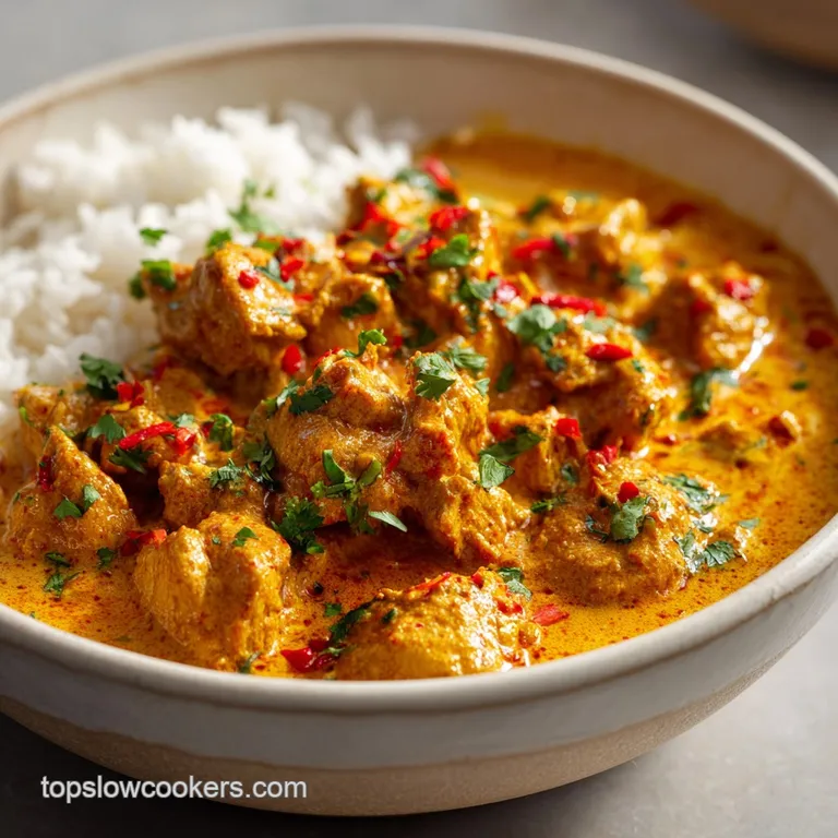Plated butter chicken glistening with spices, alongside fluffy basmati rice and naan bread, hinting at warmth and rich fla...