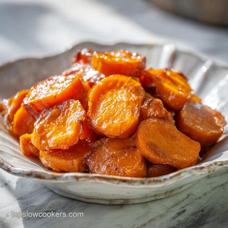 A vibrant serving of glazed yams with toasted pecans, glistening with a rich, syrupy sauce, served in a shallow white bowl.