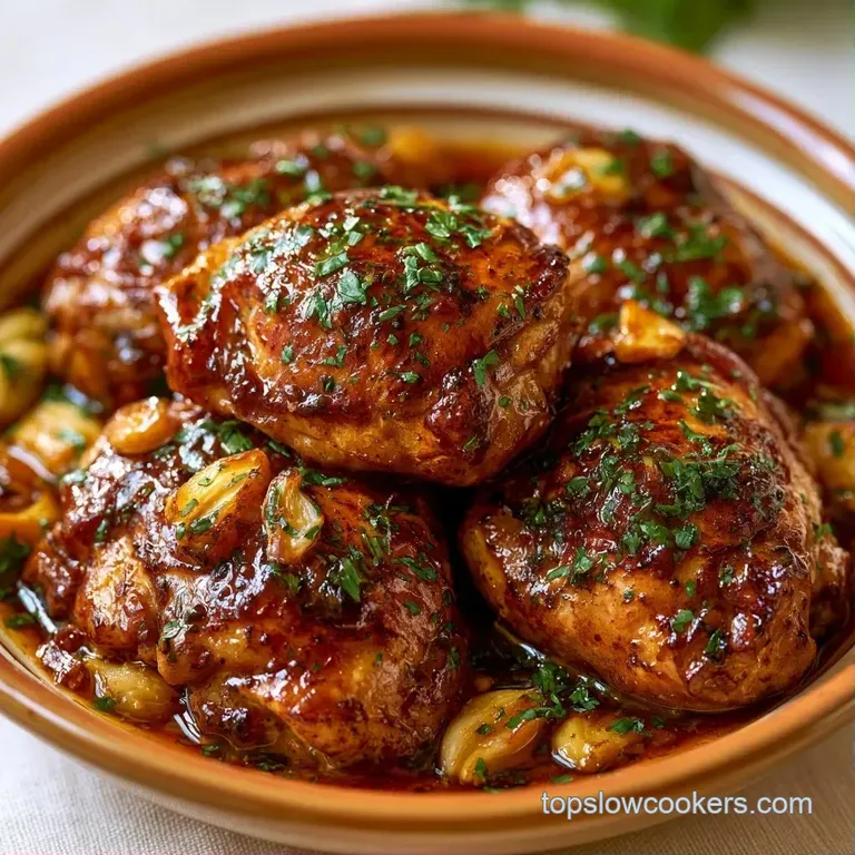 Glossy brown chicken pieces and whole garlic cloves plated elegantly on white porcelain with a side of steamed rice.