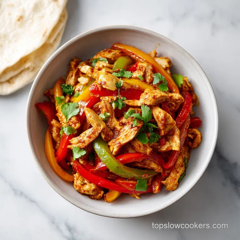 Perfectly portioned fajita plate: sizzling chicken and peppers, creamy sour cream, bright cilantro, ready to wrap in warm ...
