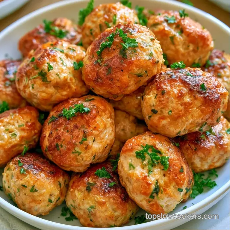 Tender golden meatballs nestled in a smooth ivory cream sauce, topped with sliced green onions on a white plate.