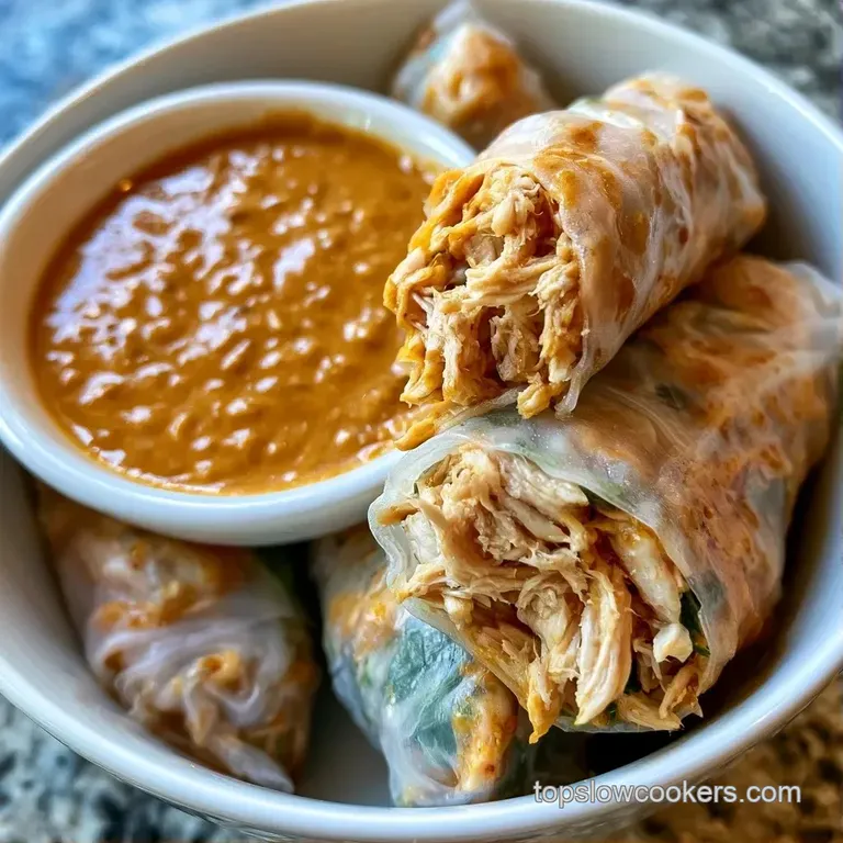 Translucent summer rolls arranged on a slate platter with a small bowl of creamy peanut sauce and fresh mint.