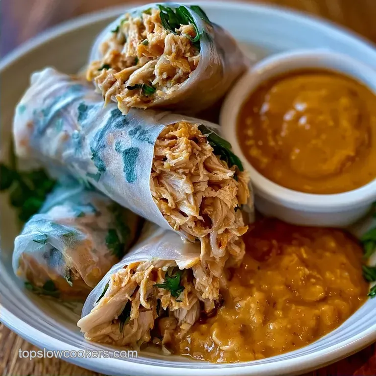 Slow Cooker Chicken Rice Paper Rolls with Peanut Sauce