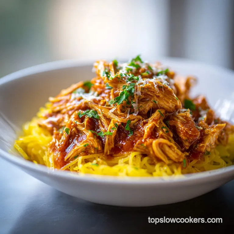 Elegant plate of creamy spaghetti with shredded chicken and colorful bell peppers, garnished with fresh parsley. Ready to ...