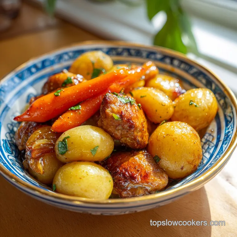 A single juicy thigh atop a mound of creamy mashed potatoes, drizzled with glossy sauce and a sprig of fresh parsley.