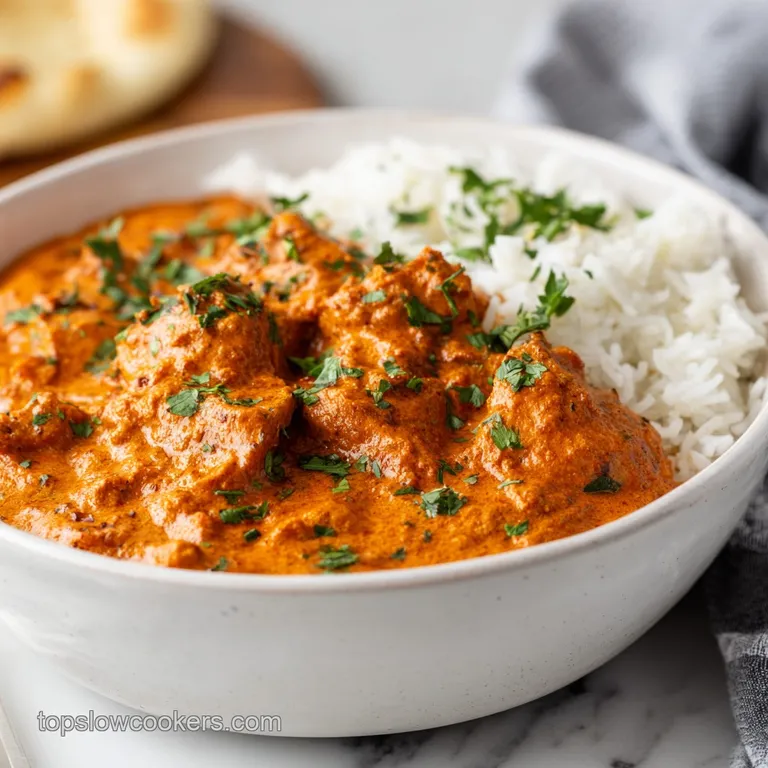 Plated Chicken Tikka Masala with fluffy basmati rice. Bright green cilantro garnish pops against the rich, creamy orange s...