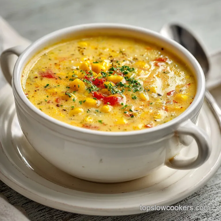 Elegant bowl of corn chowder, garnished with crispy bacon bits and a swirl of cream. Spoon resting, ready to serve.