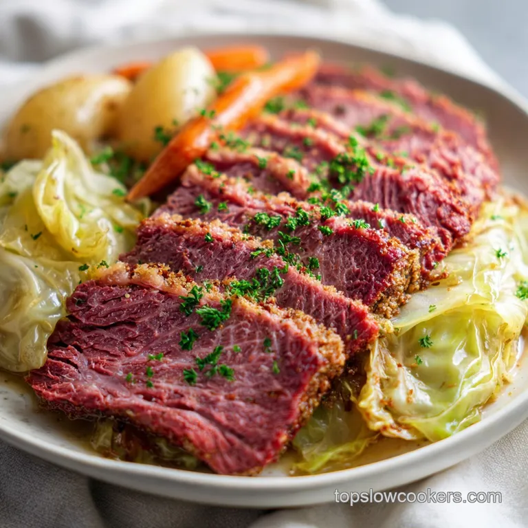 Plated corned beef and cabbage: glistening meat, bright carrots and soft potatoes with a sprinkle of fresh parsley.