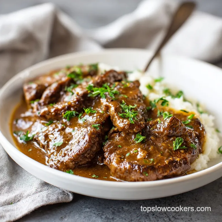 Perfectly plated cube steak and gravy, garnished with fresh parsley. Steaming potatoes and vibrant gravy create a warm inv...