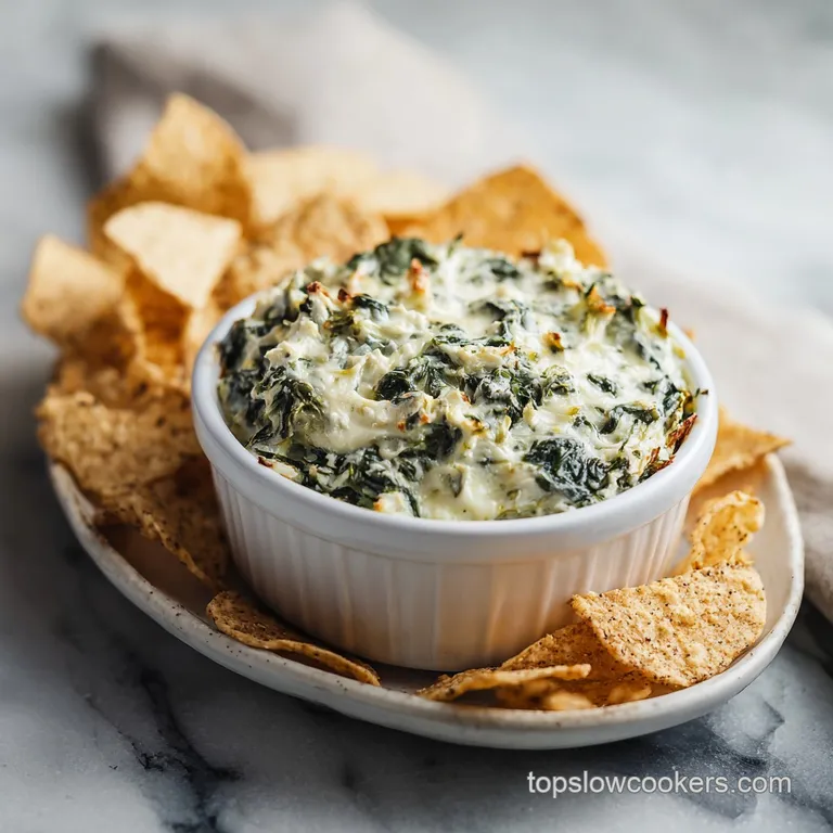 Elegant spinach artichoke dip served in a cast iron skillet, surrounded by toasted baguette slices for dipping. Fresh pars...