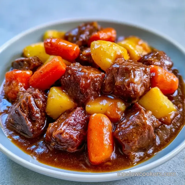 A wide ceramic bowl of chunky beef and root vegetables, garnished with fresh green parsley on a rustic wooden table.