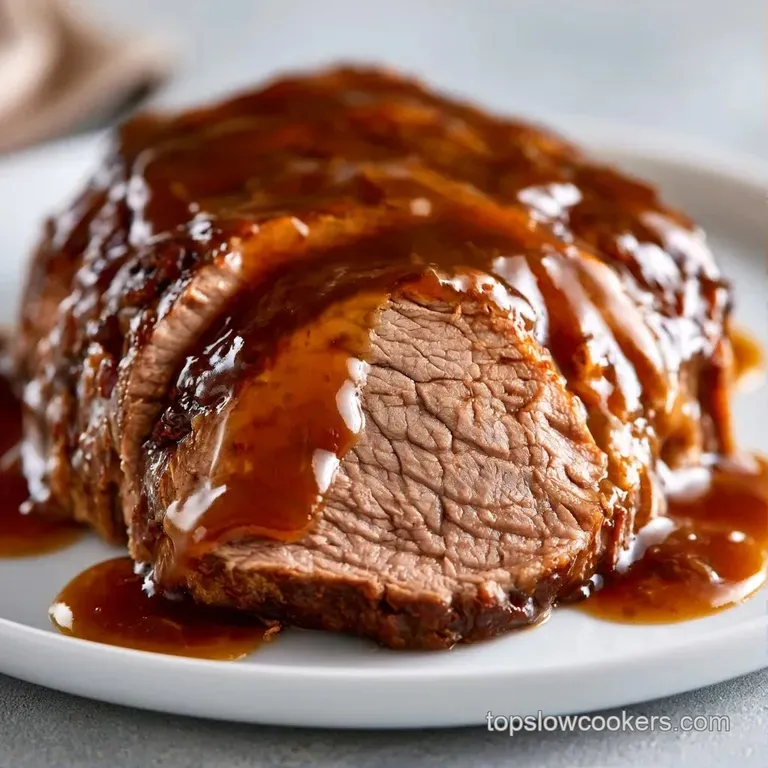 Sliced succulent beef roast on a white plate, drizzled with glossy brown jus and garnished with fresh parsley.