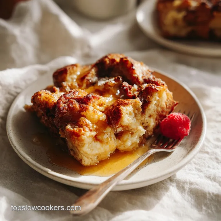 Slice of warm french toast casserole on a plate. Topped with berries, whipped cream, and a drizzle of syrup. Steam rising.