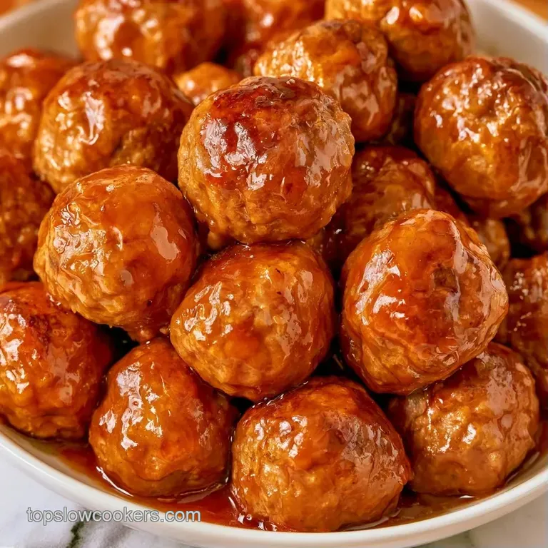 Glistening brown meatballs on a white porcelain platter with toothpicks and fresh herbs for a party spread.