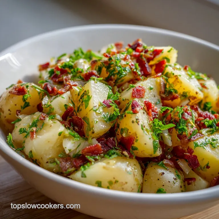Serving of German potato salad in a white bowl, speckled with fresh parsley. Steaming and inviting, ready to eat.