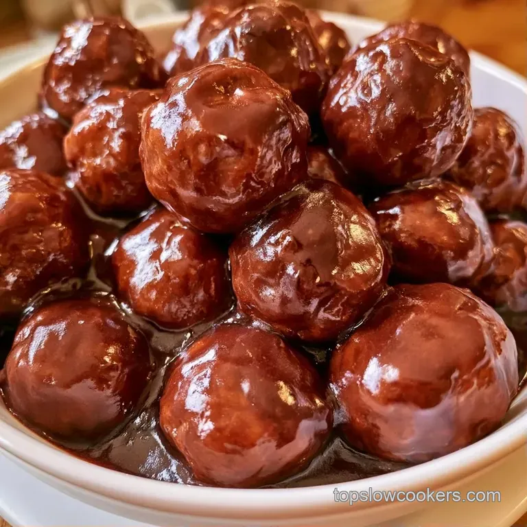 Glazed brown meatballs on a white platter garnished with fresh green parsley sprigs and small wooden toothpicks.