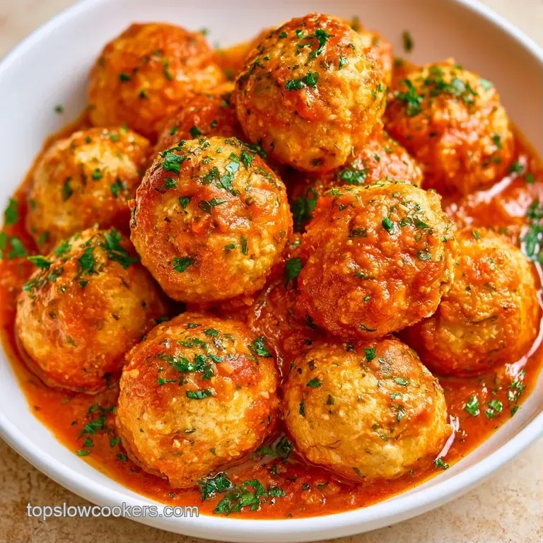 Browned meatballs nestled in a white ceramic bowl with swirls of creamy ricotta and a sprig of fresh basil.