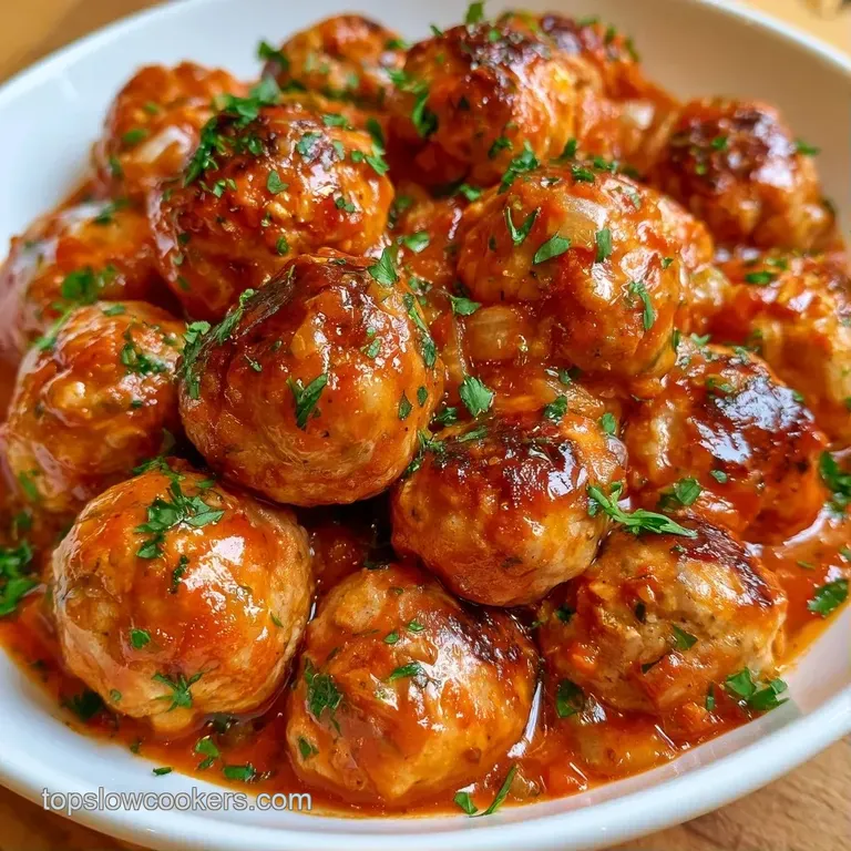 Hearty browned meatballs in a deep ceramic bowl of vibrant red sauce, garnished with a sprig of fresh green basil.