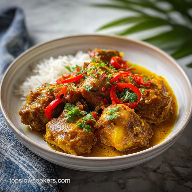 Elegant plate of tender curry chicken with thick, rich sauce over fluffy rice. Sprinkled scallions add a fresh, verdant co...