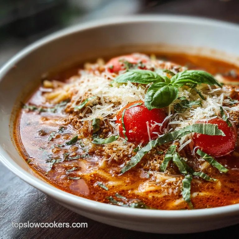 Lasagna soup elegantly plated, showcasing layers of noodles, ground meat, and melted cheese. Garnish of fresh parsley and ...