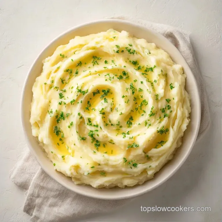 Elegant swirl of fluffy white mashed potatoes on a dark plate, garnished with melted butter and fresh herbs.