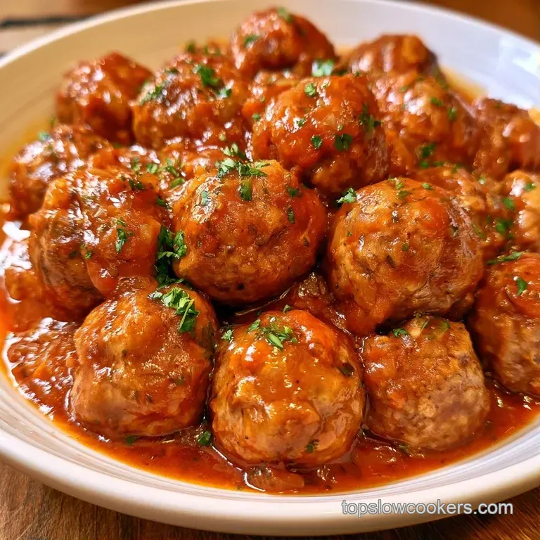 Tender meatballs in glossy red sauce served over al dente pasta with shaved parmesan and a fresh basil sprig