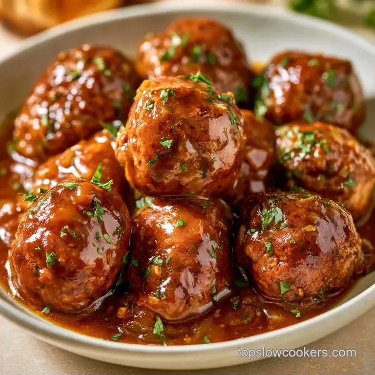 Browned savory spheres drenched in glossy brown sauce, served over creamy mashed potatoes on a white ceramic plate.