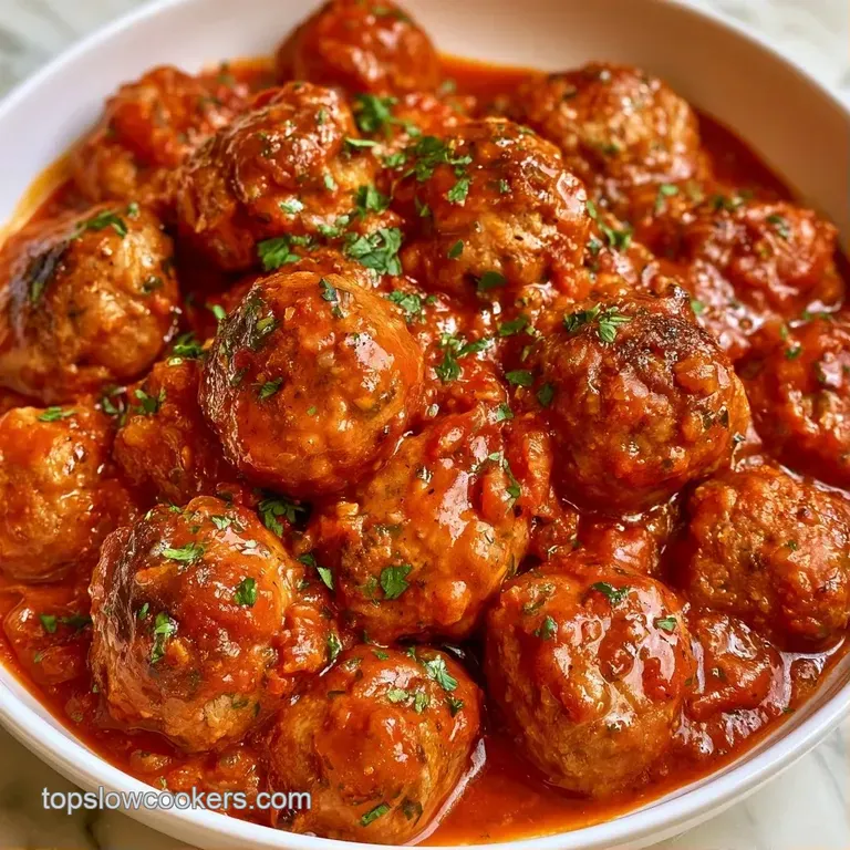 Three browned meatballs nestled on al dente spaghetti, drizzled with vibrant red sauce and a sprig of fresh basil.
