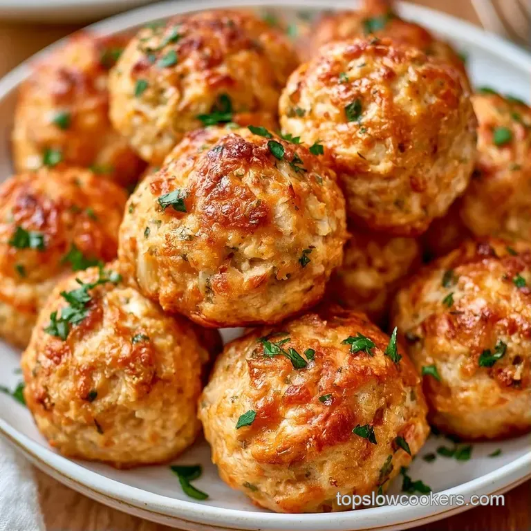 Three juicy, browned meatballs on a white plate garnished with a sprig of parsley and shaved parmesan curls.
