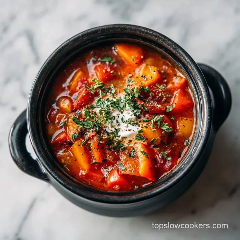 Steaming bowl of colorful pepper soup, garnished with fresh parsley and a dollop of sour cream, resting on a rustic wooden...