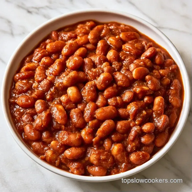 A rustic white bowl of tender brown beans and savory ham, garnished with chopped parsley on a wooden tabletop