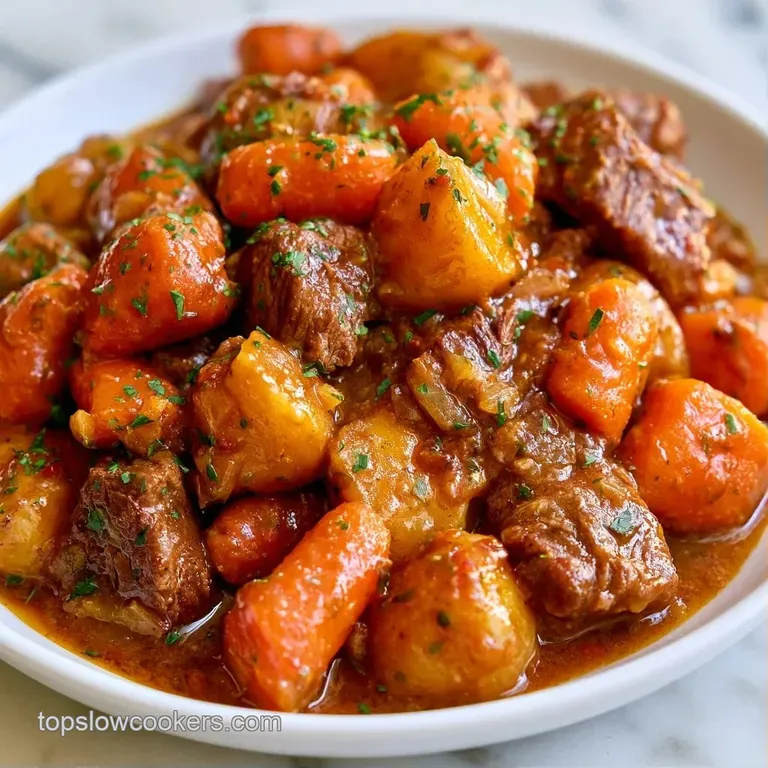 A rustic ceramic bowl filled with hearty stew and chunks of potato, topped with fresh chopped parsley.