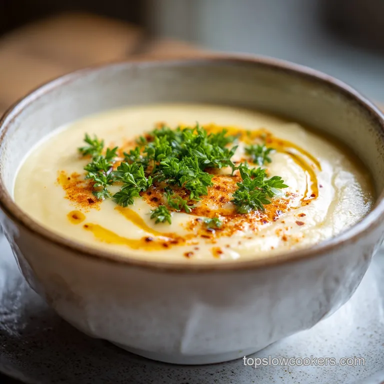 A steaming bowl of potato soup with crusty bread, garnished with fresh herbs and a dollop of sour cream. Comfort food perf...