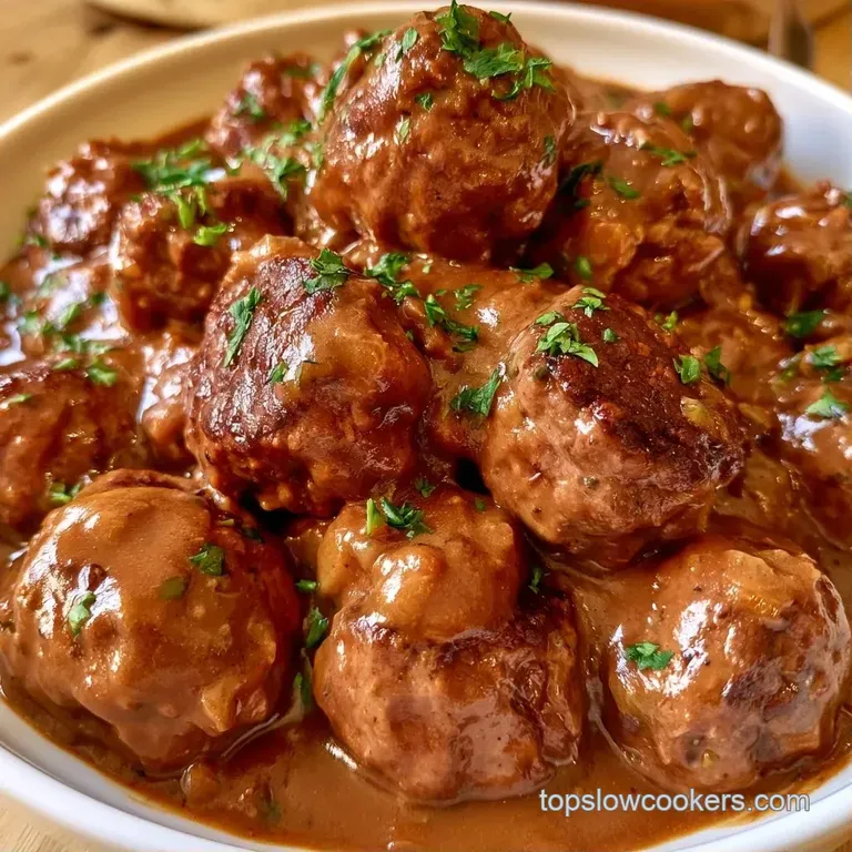 Three glossy brown meatballs atop a velvety potato puree, garnished with fresh parsley on a minimalist white plate.