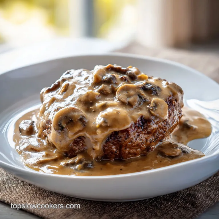 Two juicy Salisbury steaks glistening with gravy, served atop fluffy mashed potatoes, garnished with parsley.