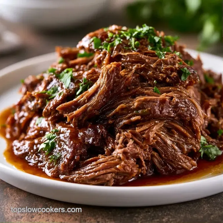 Neatly piled tender beef shreds on a white plate, glistening with savory juices and garnished with green herbs.
