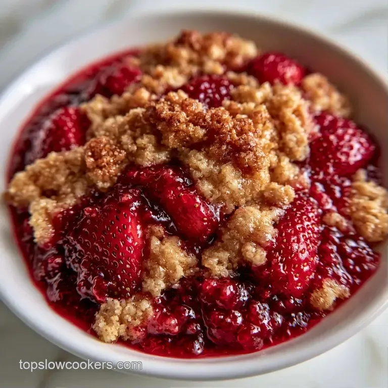 A scoop of warm berry crumble topped with melting vanilla ice cream in a white porcelain bowl on a linen cloth.