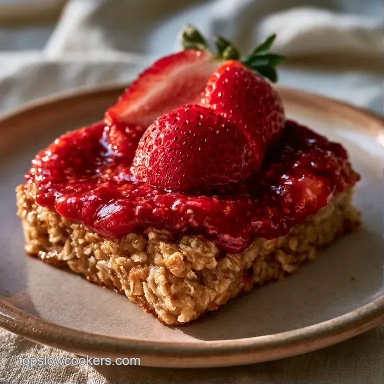 Neatly stacked golden oat squares on a white plate, accented by fresh sliced strawberries and a mint leaf.
