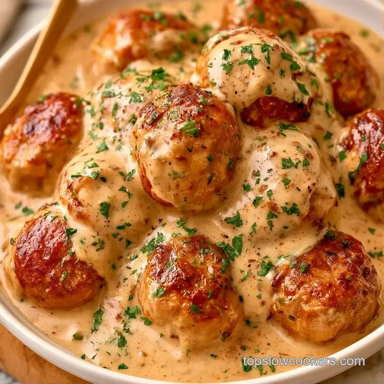 Small browned spheres coated in a velvety tan sauce, artfully plated with a dollop of mash and a sprig of greenery.