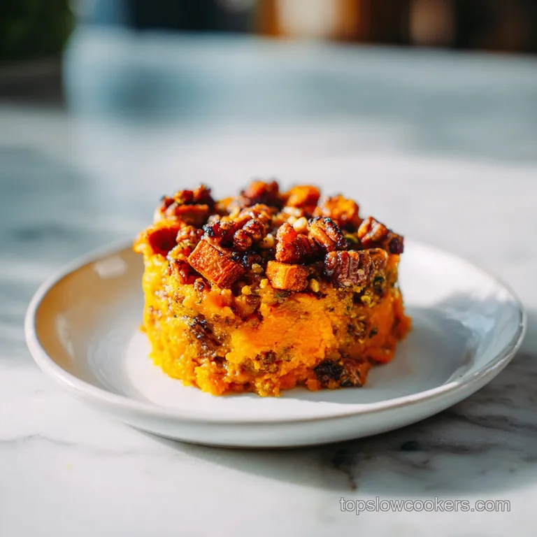 Scoop of warm sweet potato casserole with glazed pecans and toasted marshmallows on a plate, inviting and decadent.