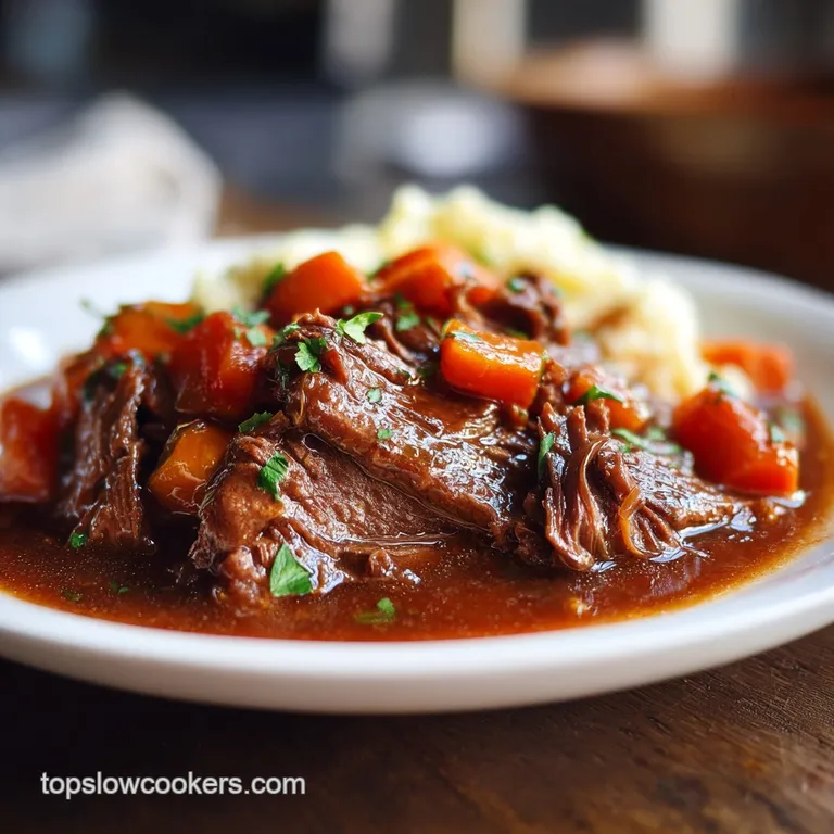 Plated Swiss steak, browned and glistening, with vibrant green parsley garnish and a side of creamy mashed potatoes.