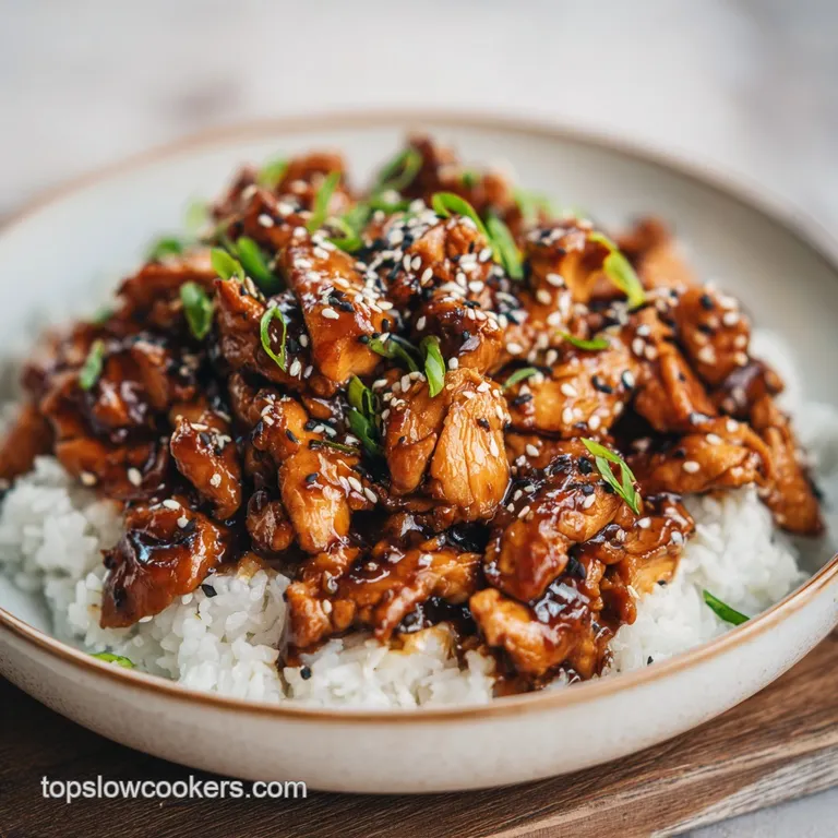 Perfectly piled teriyaki chicken with vibrant green scallions, beside fluffy white rice and steamed broccoli on a modern w...
