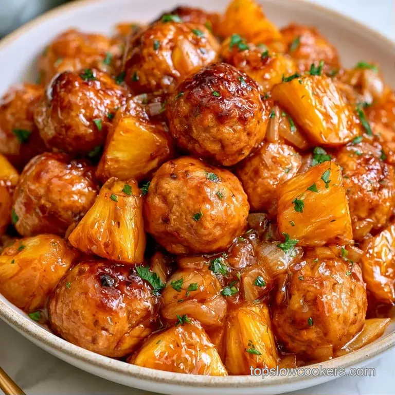 Glossy, dark brown glazed meatballs arranged on a white platter with sliced scallions and toasted sesame seeds.