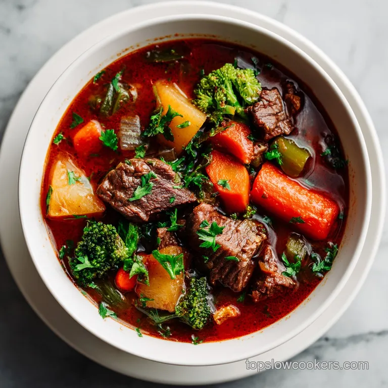 Steaming bowl of vegetable beef soup, garnished with fresh parsley, next to crusty bread. Visible steam adds to the warmth.