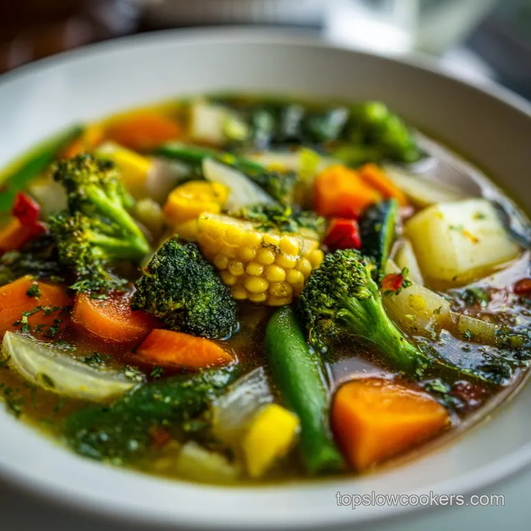 Vibrant vegetable soup in a white bowl, garnished with fresh herbs. A spoon rests nearby, ready to enjoy the warmth.