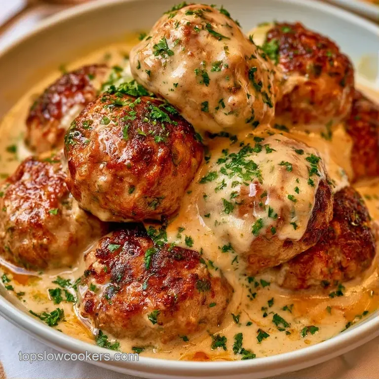 Tender browned meatballs smothered in a silky cream sauce over buttery mashed potatoes with a sprinkle of herbs.