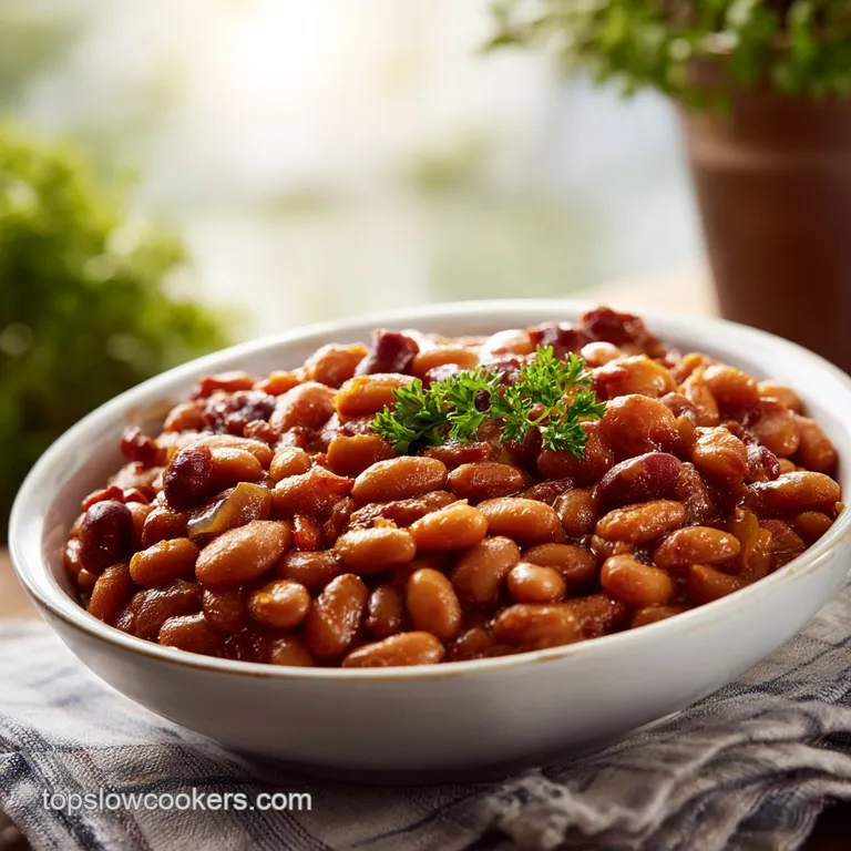 A generous scoop of tender baked beans, glistening with sauce, topped with crumbled bacon and a fresh herb sprig.